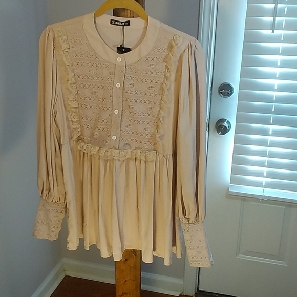 Sheilay Tops - Sheilay Tan Prairie Fabric Lace Ruffle Babydoll Puff Long Sleeves Blouse Size M